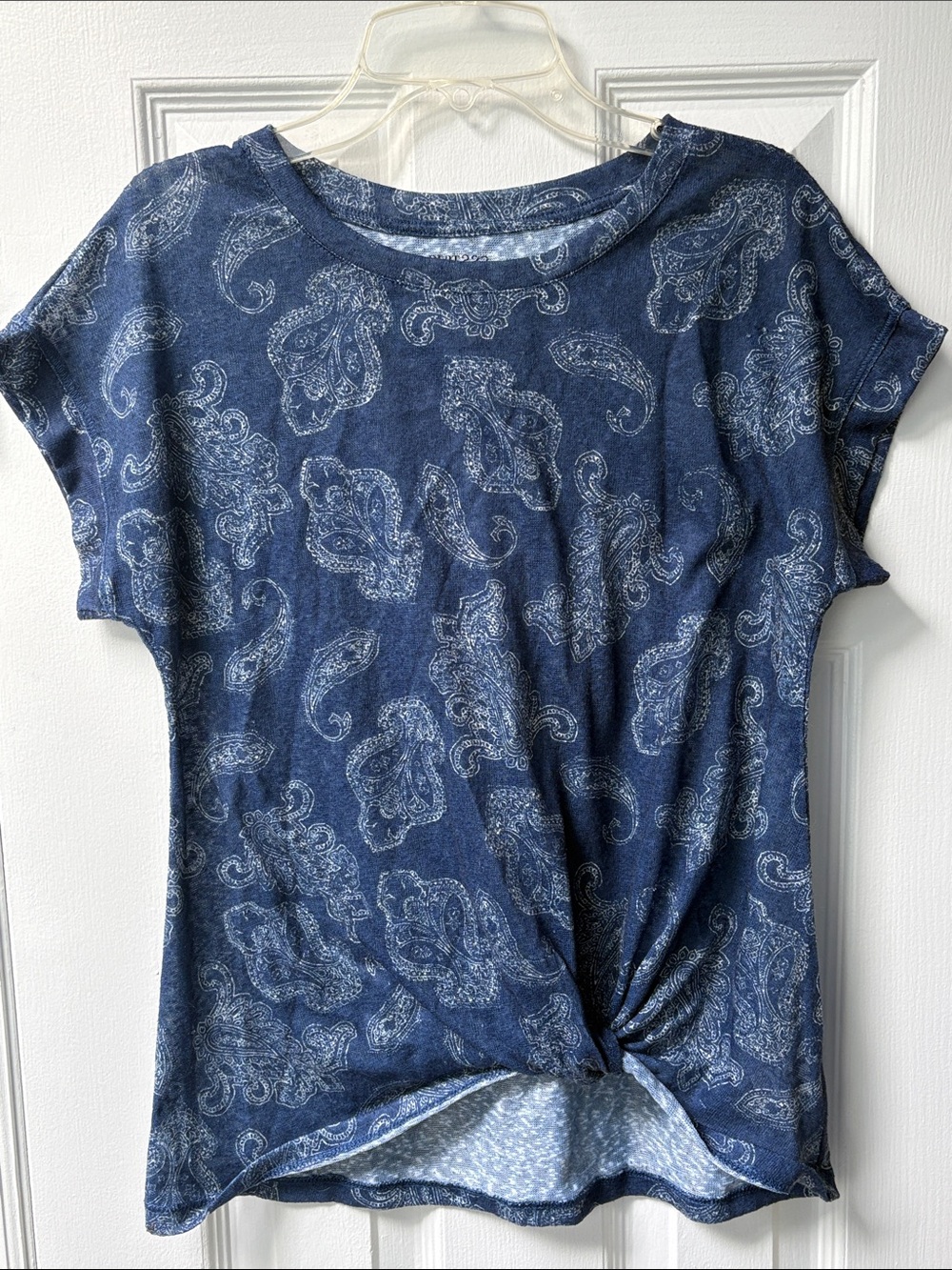 Dept 222 Women’s Blue Paisley Knot-Front Short Sleeves Tee Women's Top Size S !!